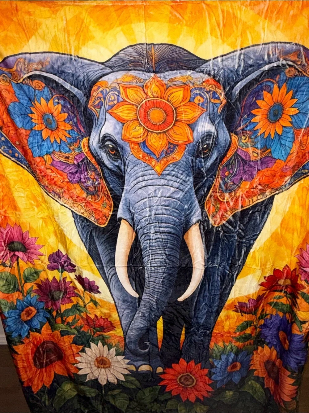 NEW Velveteen Elephant Throw Blanket 50x60 Boho Floral Sunflower White Back